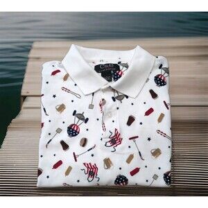 CROFT And BARROW WHITE PRINT PATRIOTIC GRILLING POLO AMERICA 250 MENS SIZE L EUC